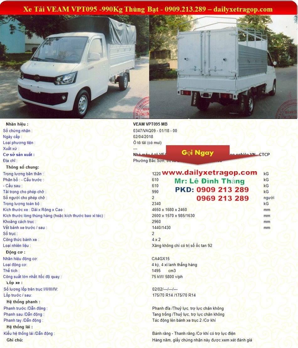 Xe Tải VEAM PRO 950 KG | VEAM PRO 990KG | Giá Xe VEAM PRO 2018 | LE DINH THANG | 0909213289